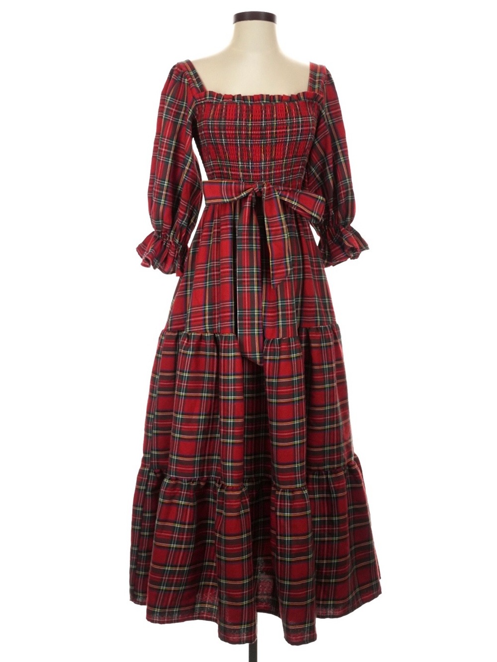 Aura | Red Plaid Puff Sleeve Christmas Holiday Maxi Dress with Tie Waist - Picture 3 of 7